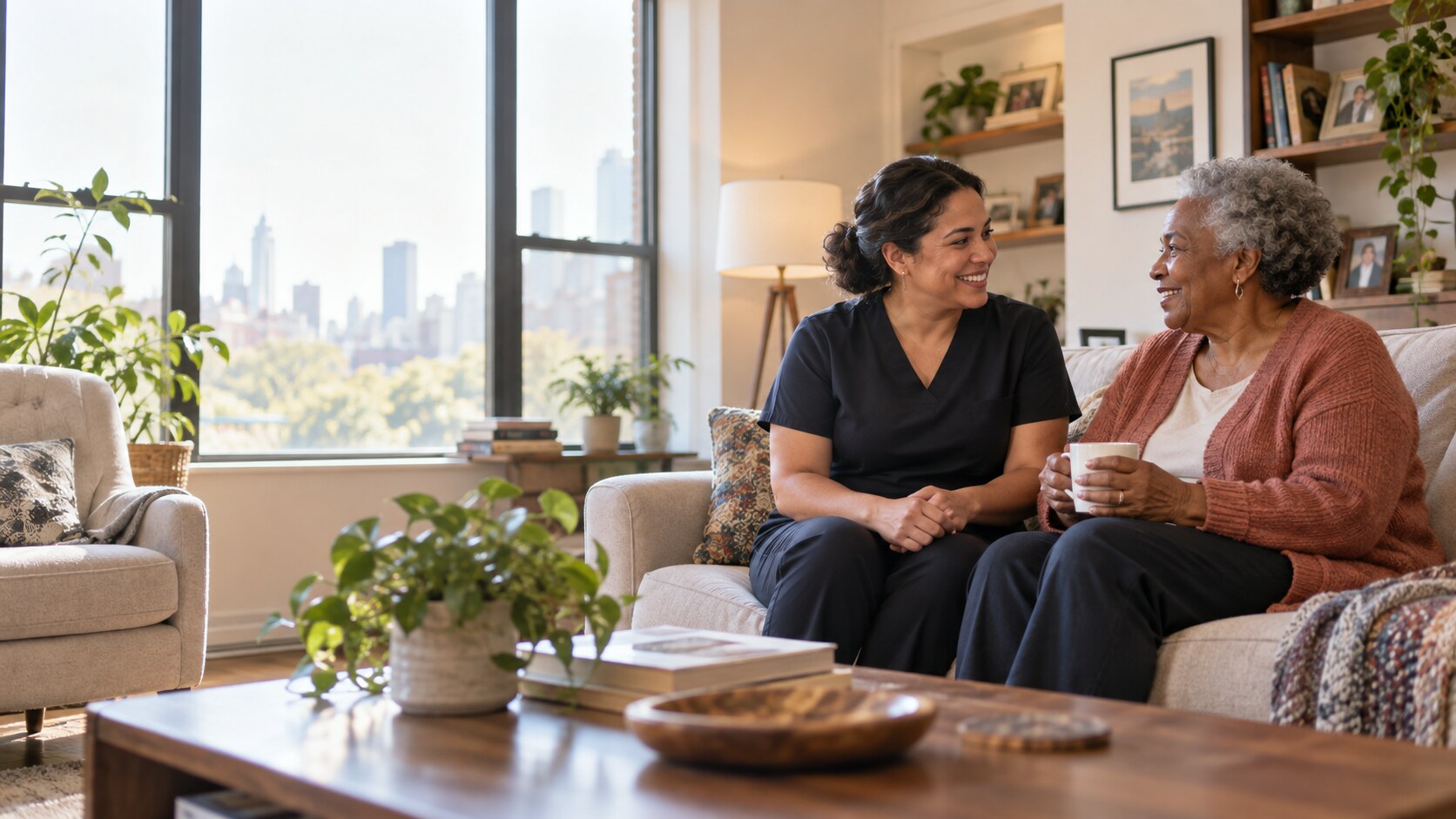 A professional caregiver sharing a warm moment with an older adult at home